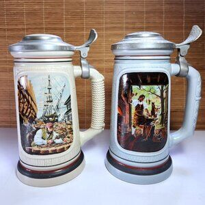 Avon Heritage Stein Pair – Blacksmith + Shipbuilder – Vintage Lidded Steins